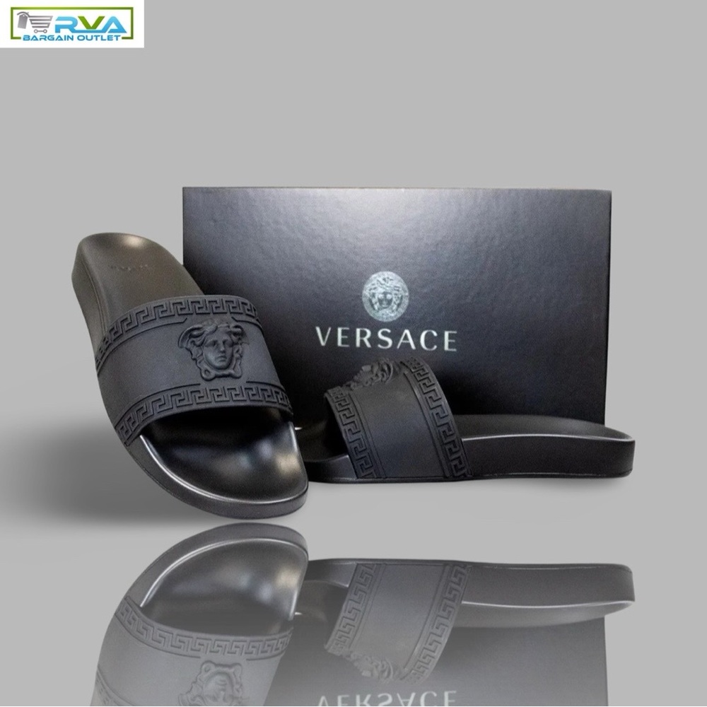 Versace Men's Black Embossed Medusa Head Pool Slide Flip Flops Shoes.